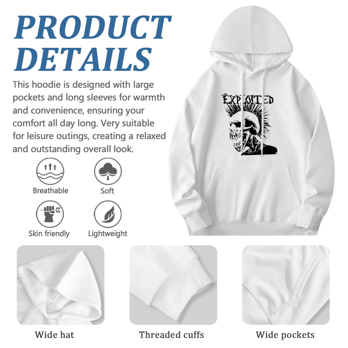 Punk Mohawk Skull White Hoodie, Men Rock Streetwear Ultra Cozy Pullover