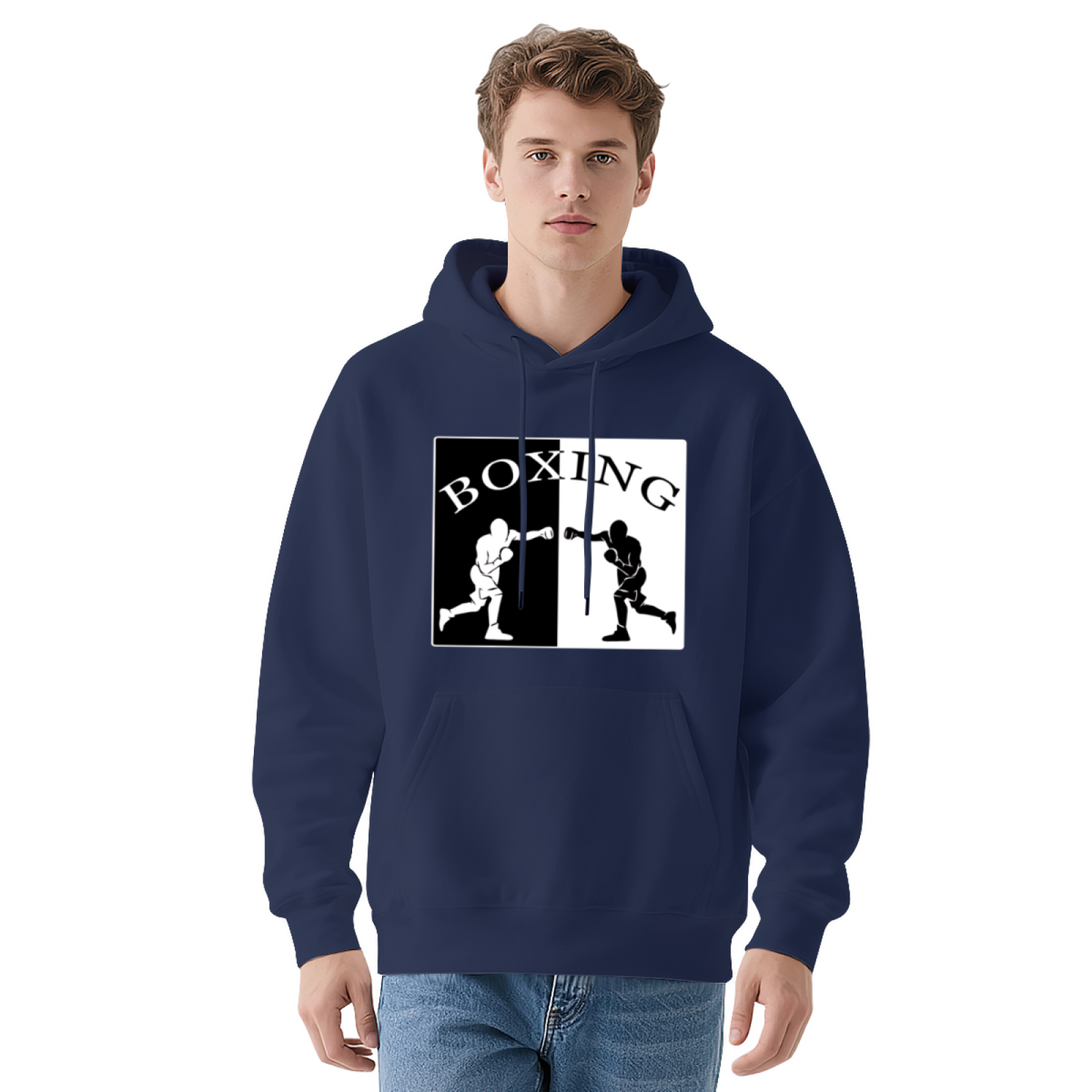 Split Boxing Silhouette Black Hoodie, Unisex Sporty Relax Fit Cozy Top