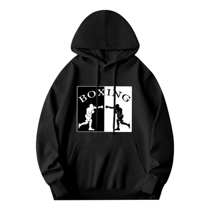 Split Boxing Silhouette Black Hoodie, Unisex Sporty Relax Fit Cozy Top