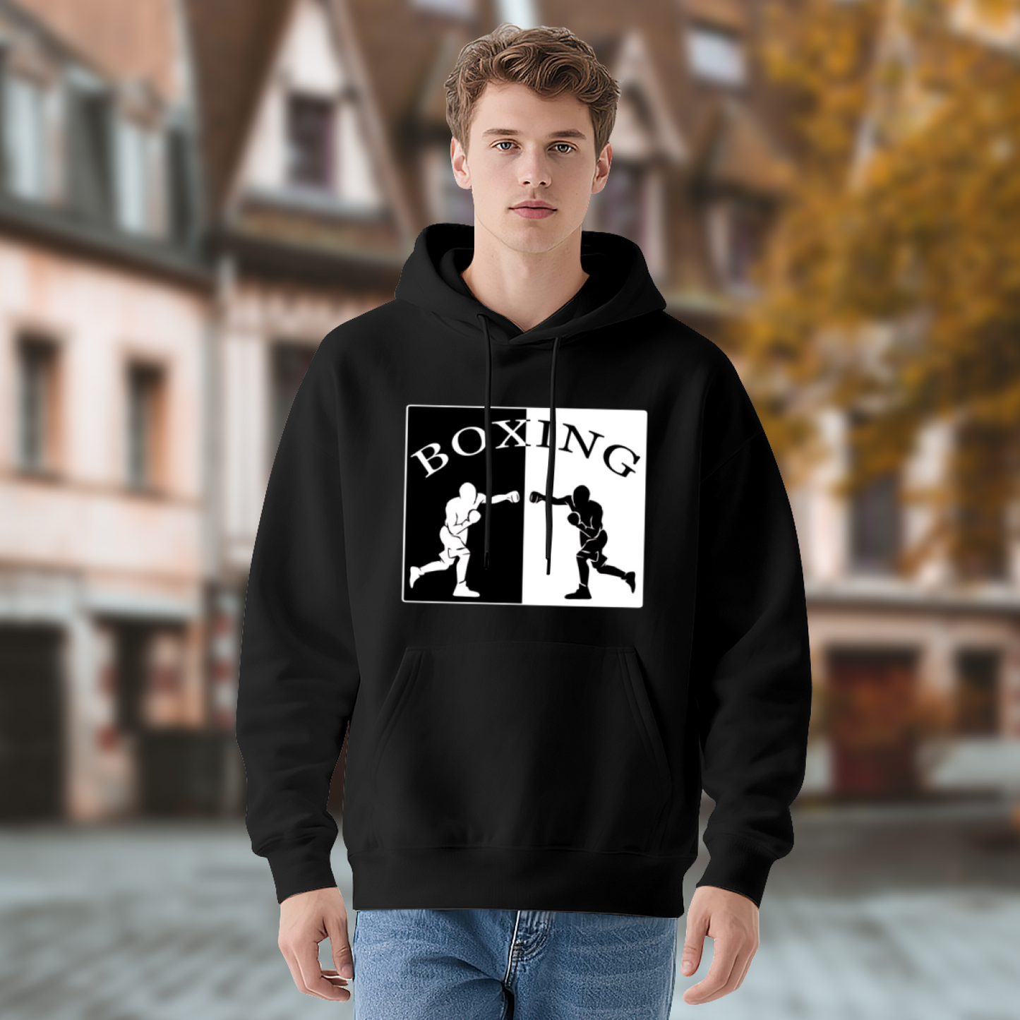Split Boxing Silhouette Black Hoodie, Unisex Sporty Relax Fit Cozy Top