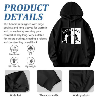 Split Boxing Silhouette Black Hoodie, Unisex Sporty Relax Fit Cozy Top