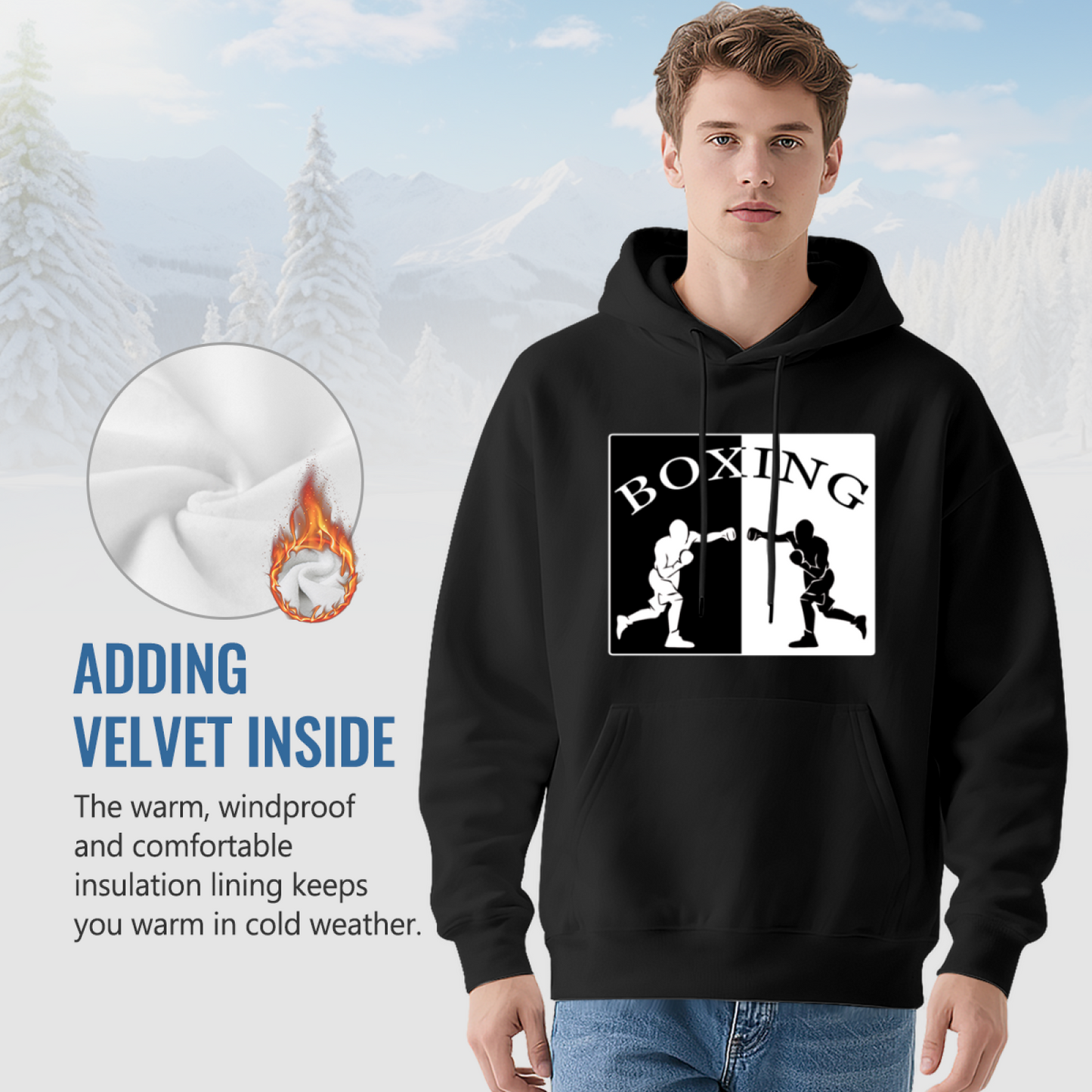 Split Boxing Silhouette Black Hoodie, Unisex Sporty Relax Fit Cozy Top