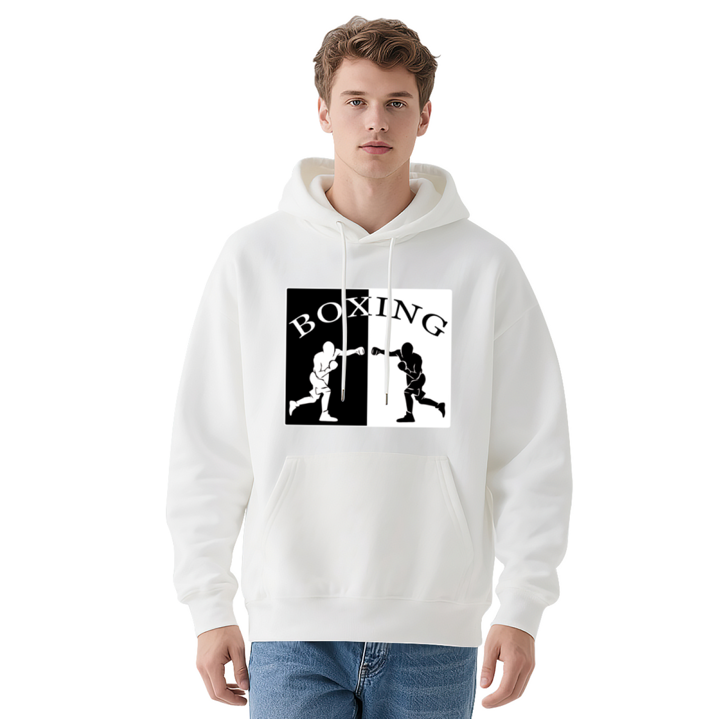 Split Boxing Silhouette Black Hoodie, Unisex Sporty Relax Fit Cozy Top