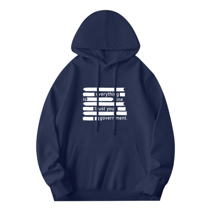 Trendy Satire Everything Is Fine Distressed Print Navy Hoodie, Cozy Relaxed Cut