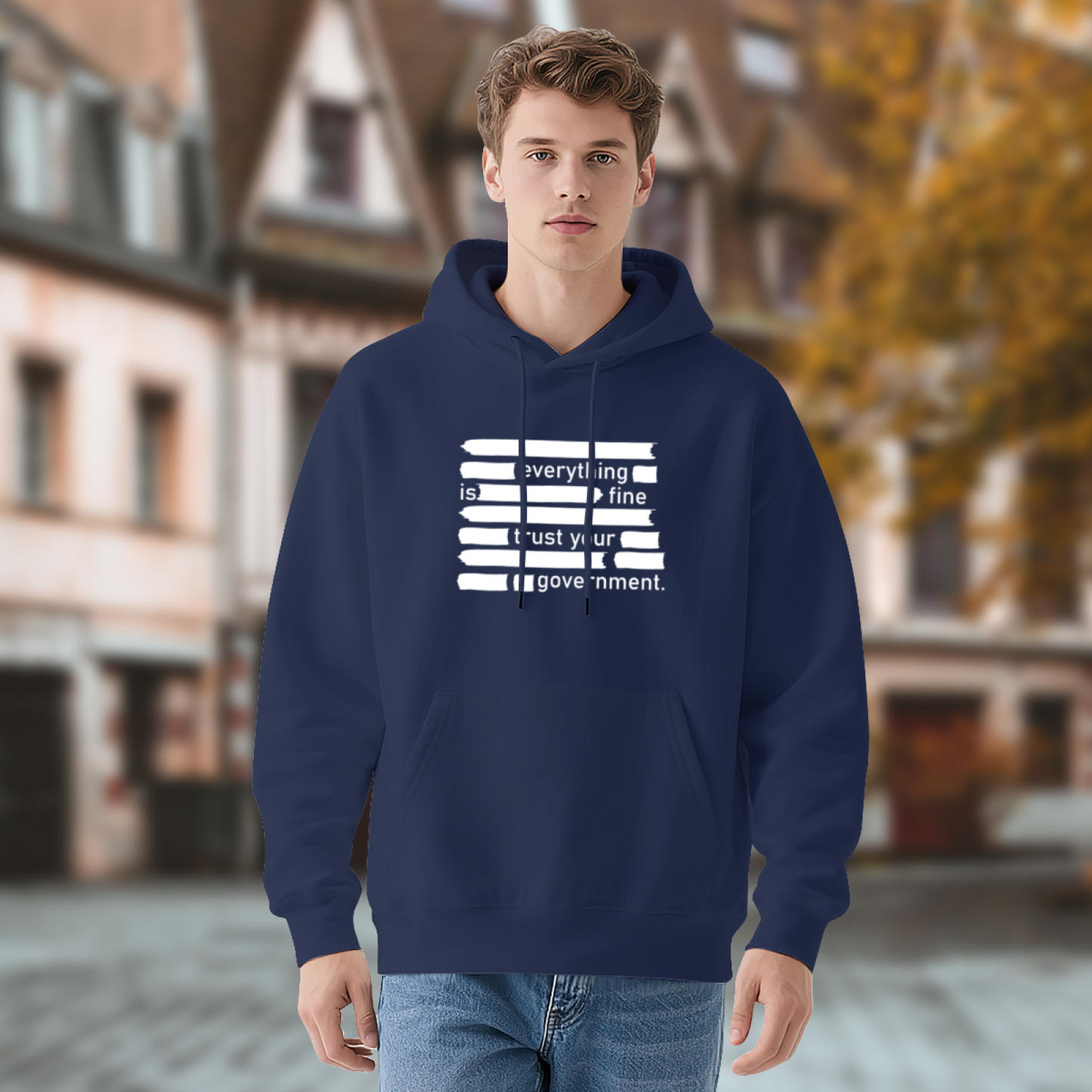 Trendy Satire Everything Is Fine Distressed Print Navy Hoodie, Cozy Relaxed Cut