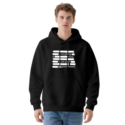 Trendy Satire Everything Is Fine Distressed Print Navy Hoodie, Cozy Relaxed Cut
