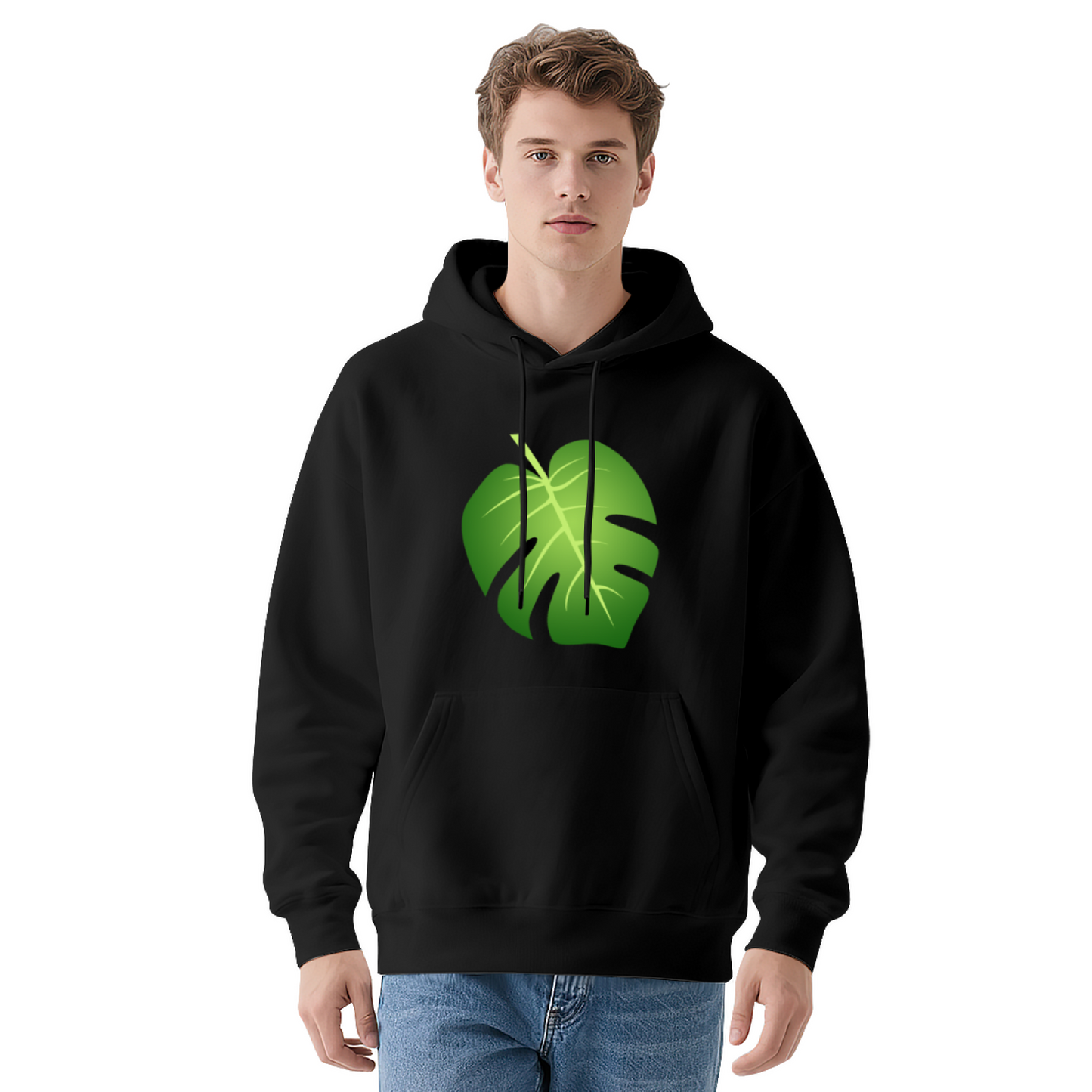 Minimal Monstera Leaf Graphic Black Hoodie, Soft & Cozy Daily Pullover