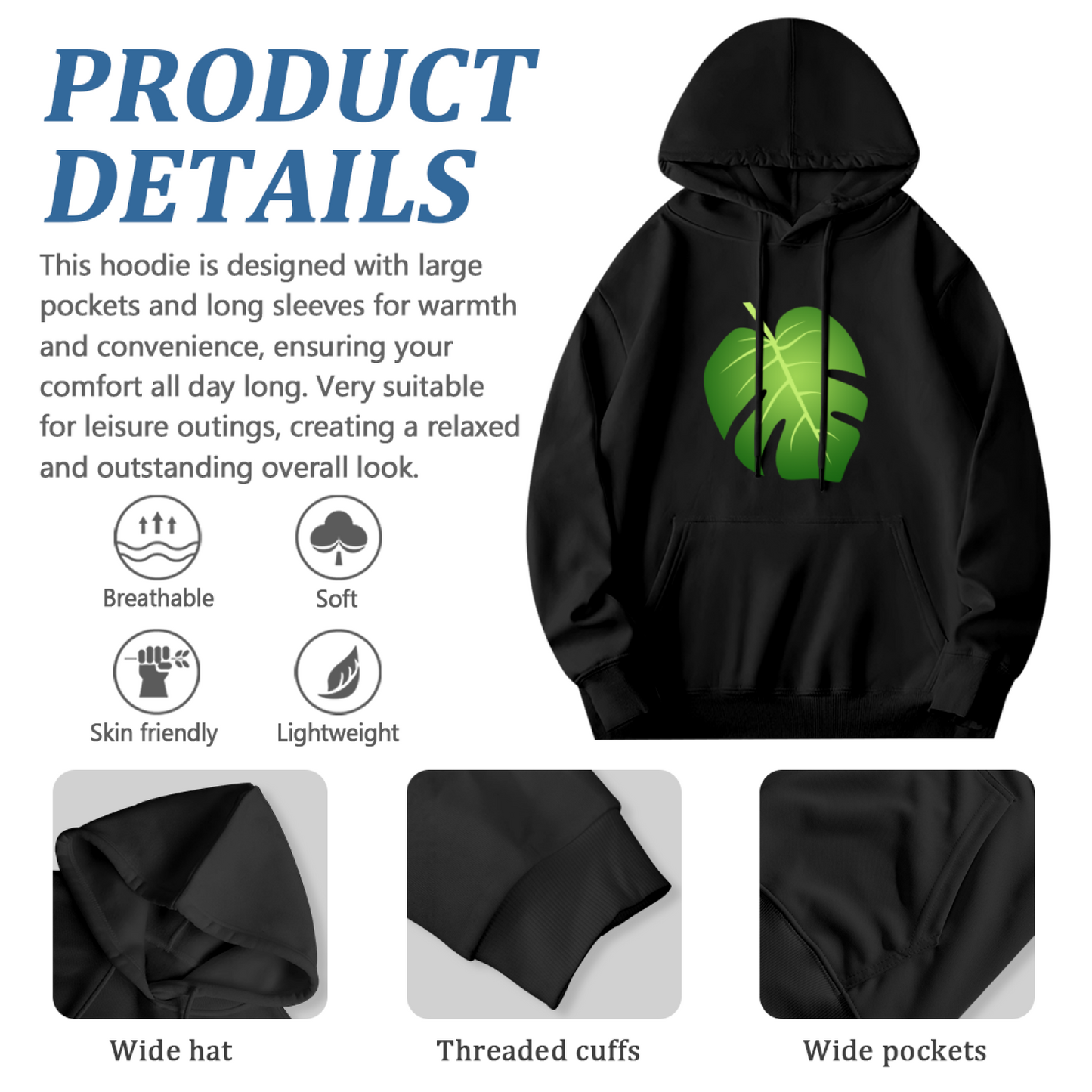 Minimal Monstera Leaf Graphic Black Hoodie, Soft & Cozy Daily Pullover