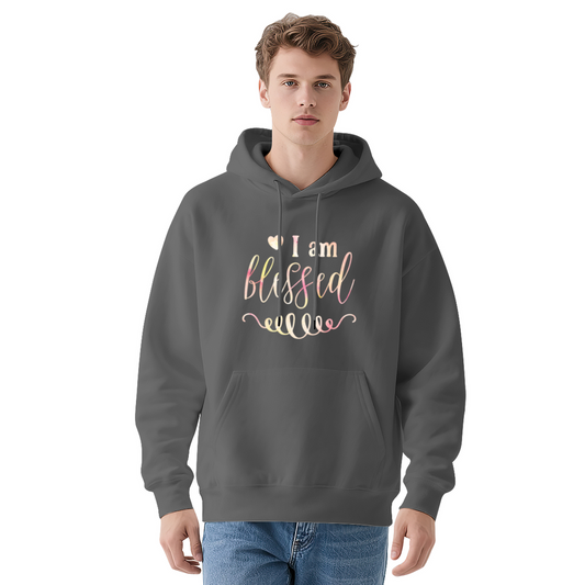 Elegant I Am Blessed Cursive Script Hoodie, Cozy Faith Casual Sweatshirt