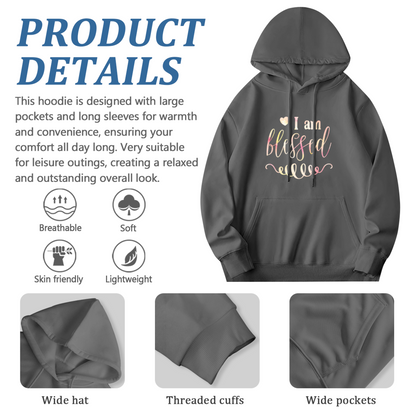 Elegant I Am Blessed Cursive Script Hoodie, Cozy Faith Casual Sweatshirt