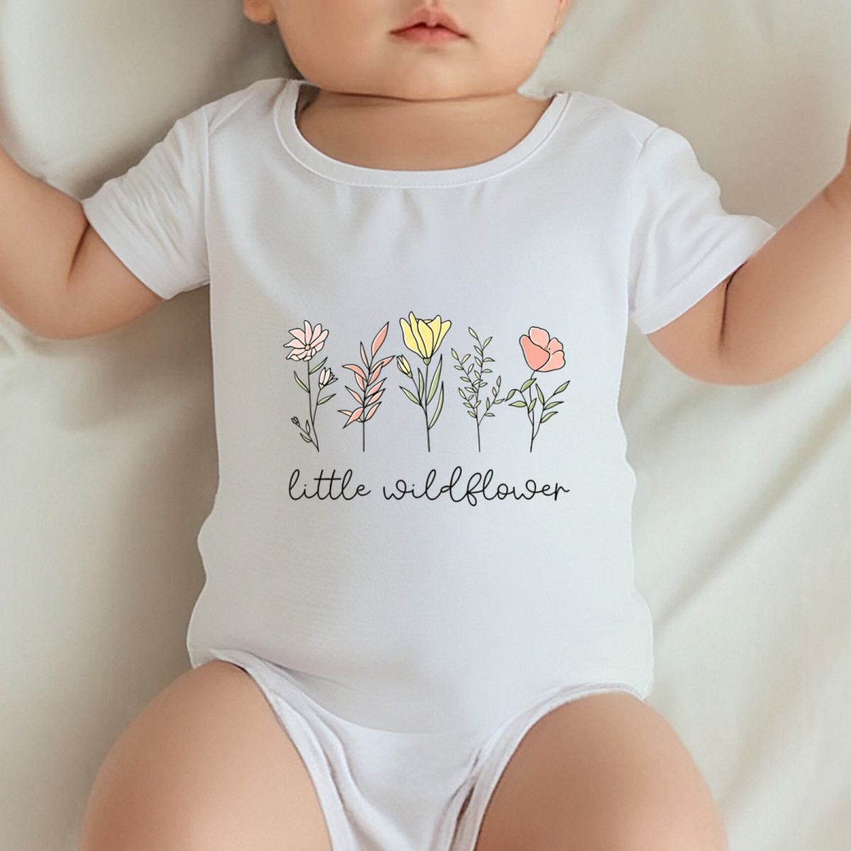 Little Wildflower Minimal Hand Drawn Floral Neutral Baby Onesie