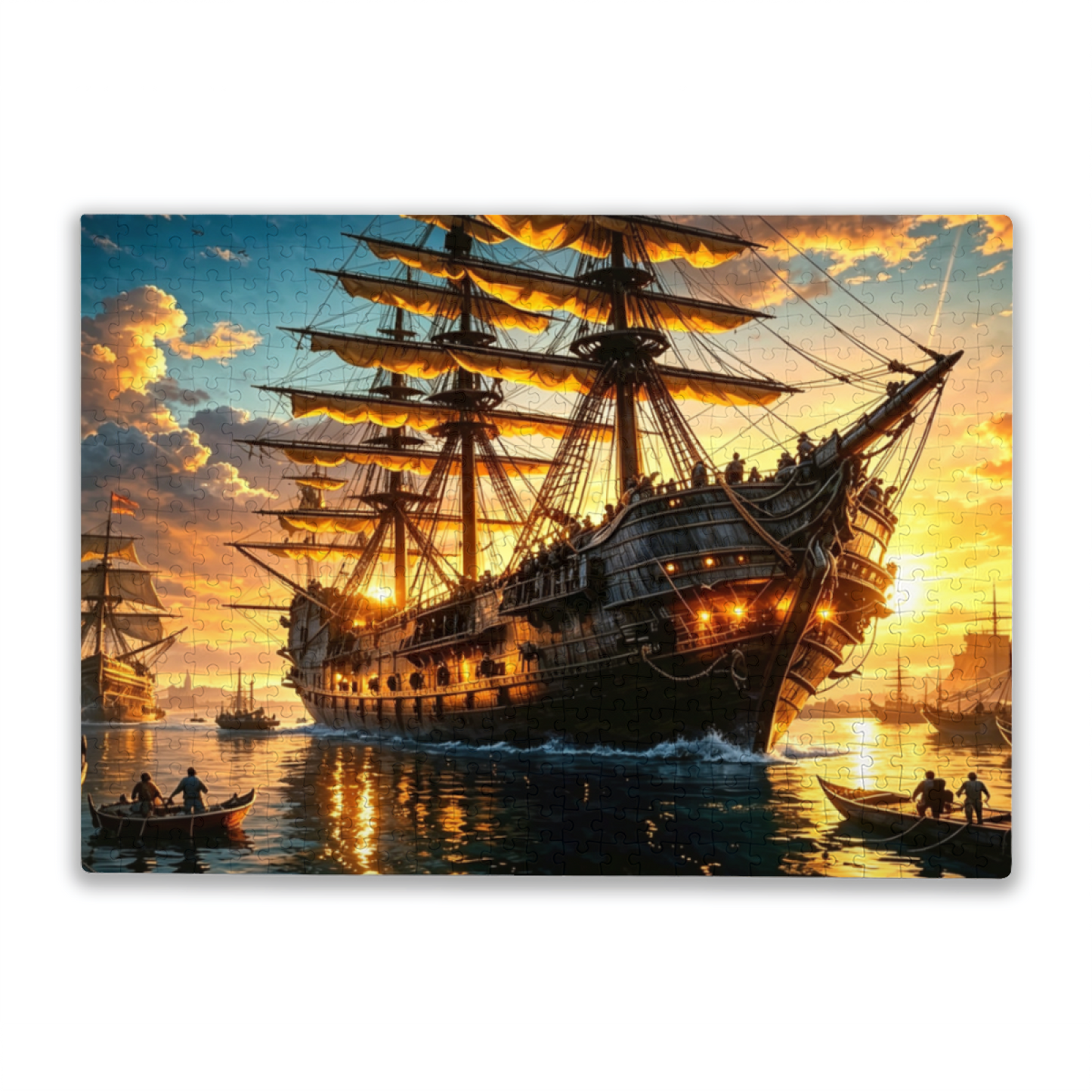 Sunset Giant Vintage Pirate Galleon Seascape Jigsaw Puzzle | Golden Hour Old Sailing Ship Ocean Puzzle 300/500/1000pcs