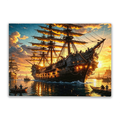 Sunset Giant Vintage Pirate Galleon Seascape Jigsaw Puzzle | Golden Hour Old Sailing Ship Ocean Puzzle 300/500/1000pcs