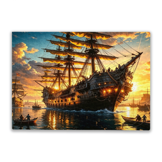 Sunset Giant Vintage Pirate Galleon Seascape Jigsaw Puzzle | Golden Hour Old Sailing Ship Ocean Puzzle 300/500/1000pcs
