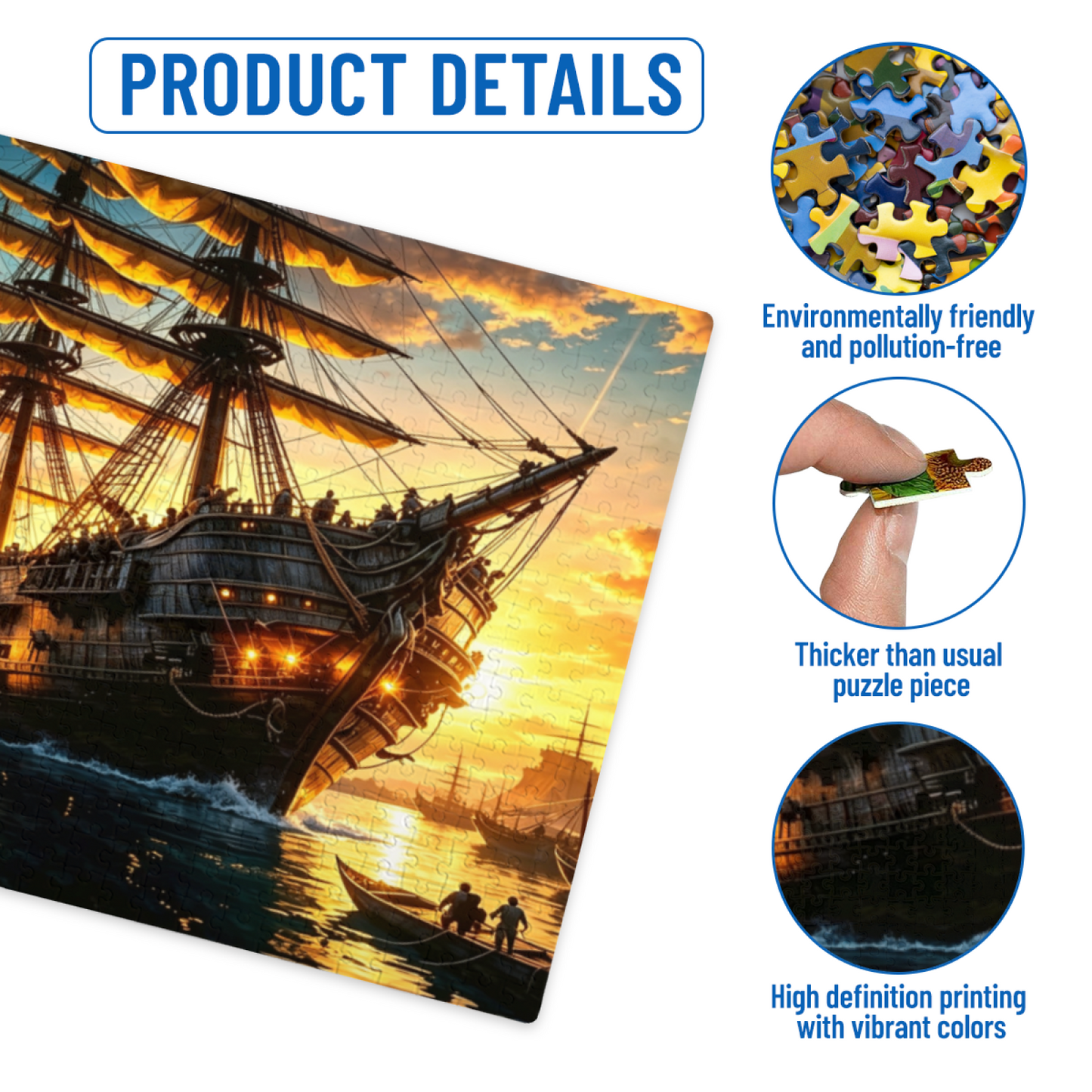Sunset Giant Vintage Pirate Galleon Seascape Jigsaw Puzzle | Golden Hour Old Sailing Ship Ocean Puzzle 300/500/1000pcs