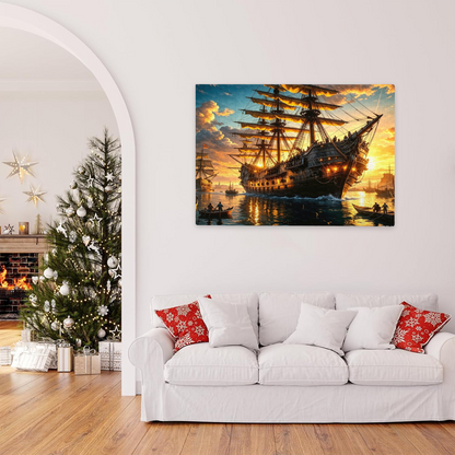 Sunset Giant Vintage Pirate Galleon Seascape Jigsaw Puzzle | Golden Hour Old Sailing Ship Ocean Puzzle 300/500/1000pcs