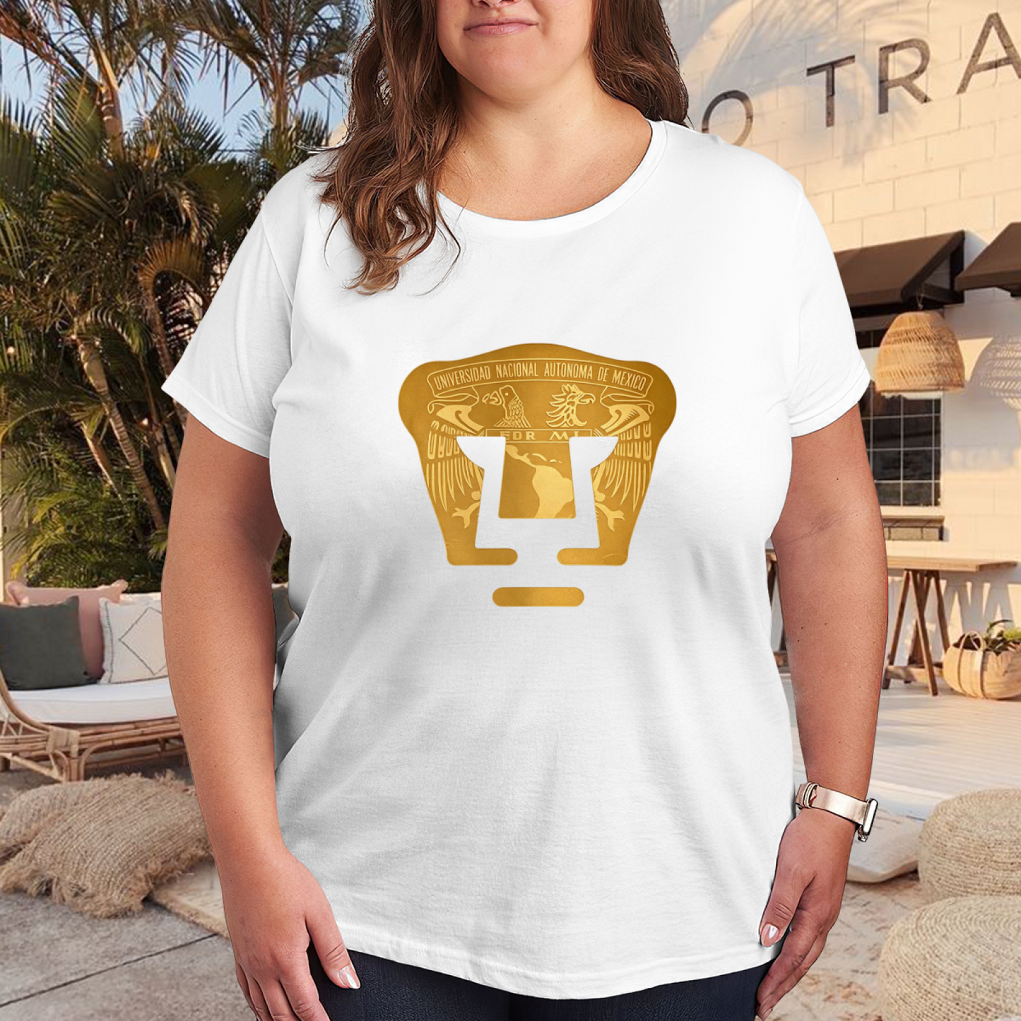 Golden UNAM University Mexico Emblem Plus Size Ladies T-Shirt