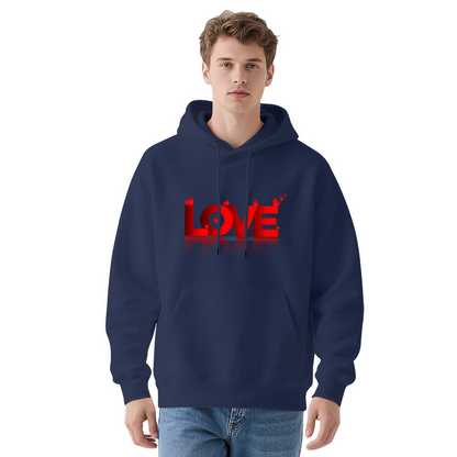 Bold 3D Red LOVE Heart Graphic Black Hoodie, Unisex Cozy Daily Pullover