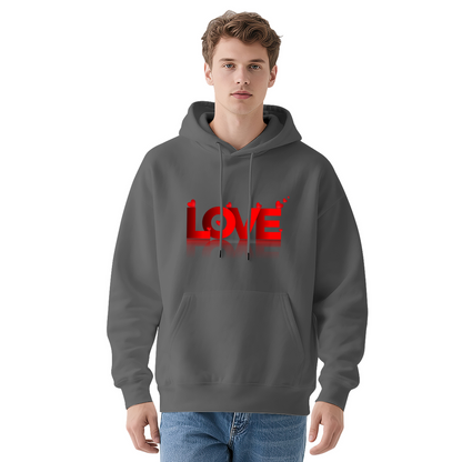 Bold 3D Red LOVE Heart Graphic Black Hoodie, Unisex Cozy Daily Pullover
