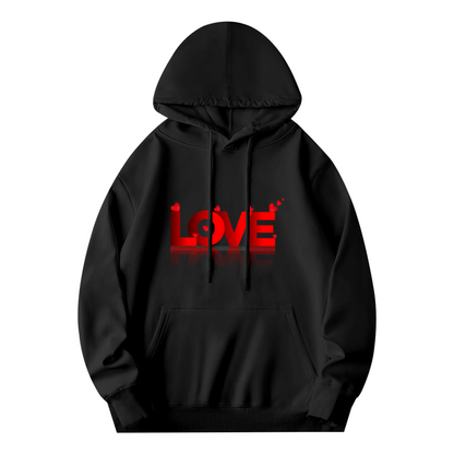 Bold 3D Red LOVE Heart Graphic Black Hoodie, Unisex Cozy Daily Pullover