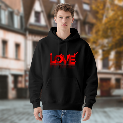 Bold 3D Red LOVE Heart Graphic Black Hoodie, Unisex Cozy Daily Pullover