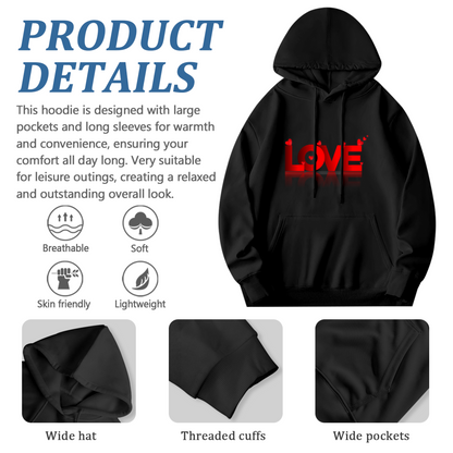 Bold 3D Red LOVE Heart Graphic Black Hoodie, Unisex Cozy Daily Pullover