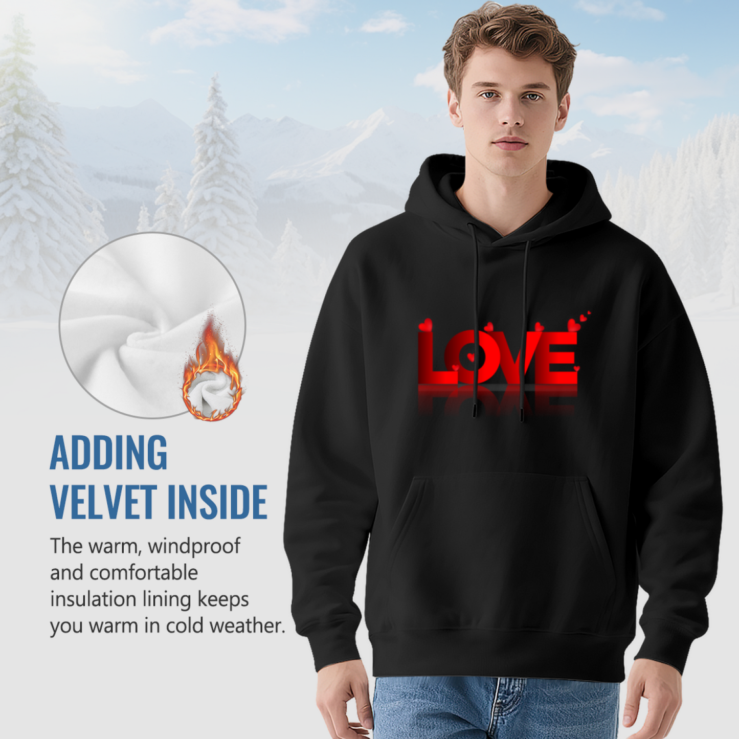 Bold 3D Red LOVE Heart Graphic Black Hoodie, Unisex Cozy Daily Pullover