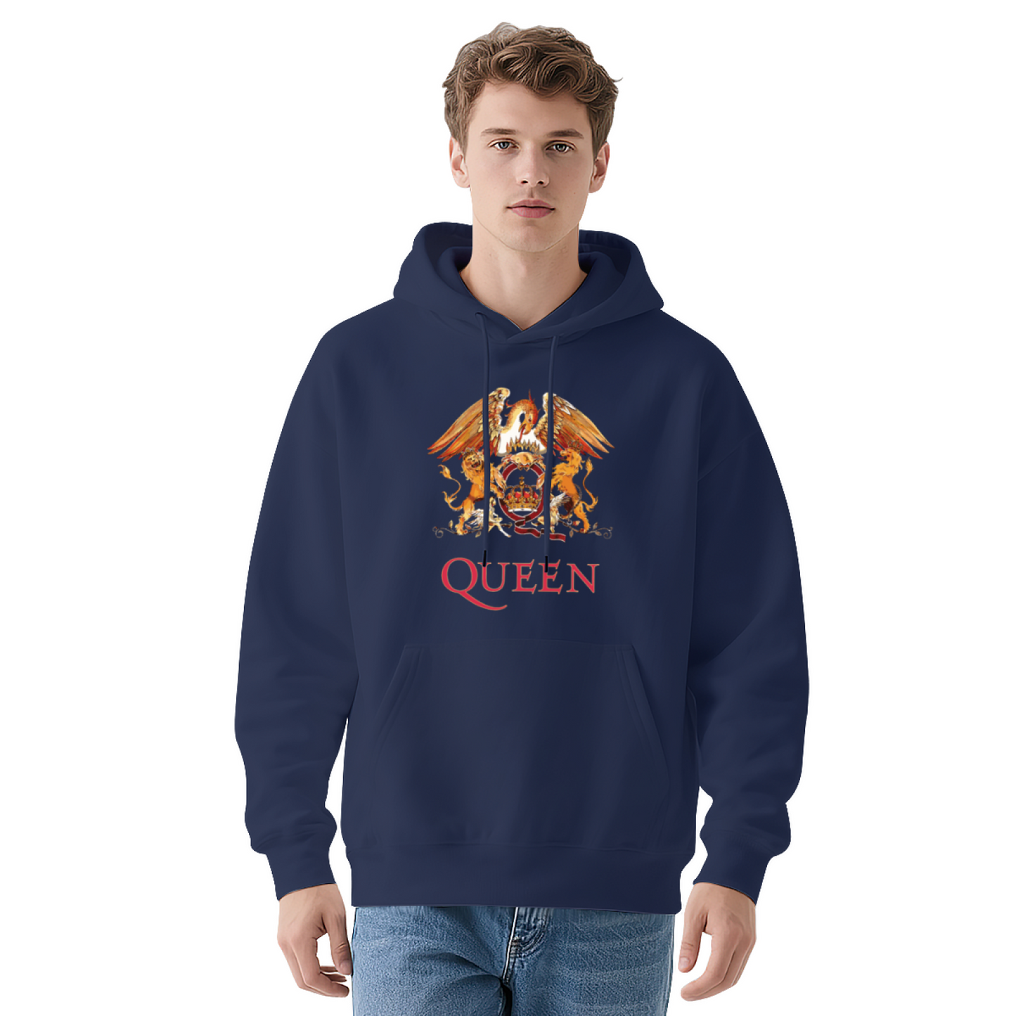 Queen Band Classic Crest Graphic Hoodie, Rock Fan Cozy Navy Pullover