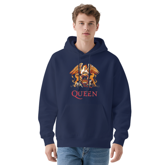 Queen Band Classic Crest Graphic Hoodie, Rock Fan Cozy Navy Pullover