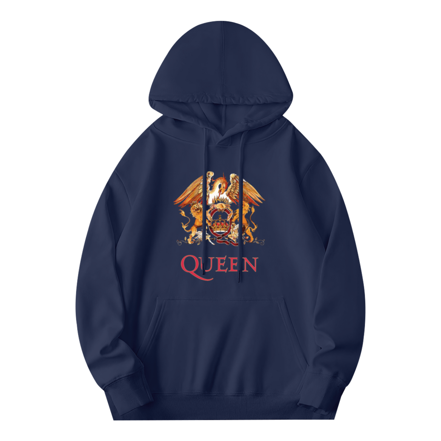 Queen Band Classic Crest Graphic Hoodie, Rock Fan Cozy Navy Pullover