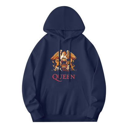 Queen Band Classic Crest Graphic Hoodie, Rock Fan Cozy Navy Pullover