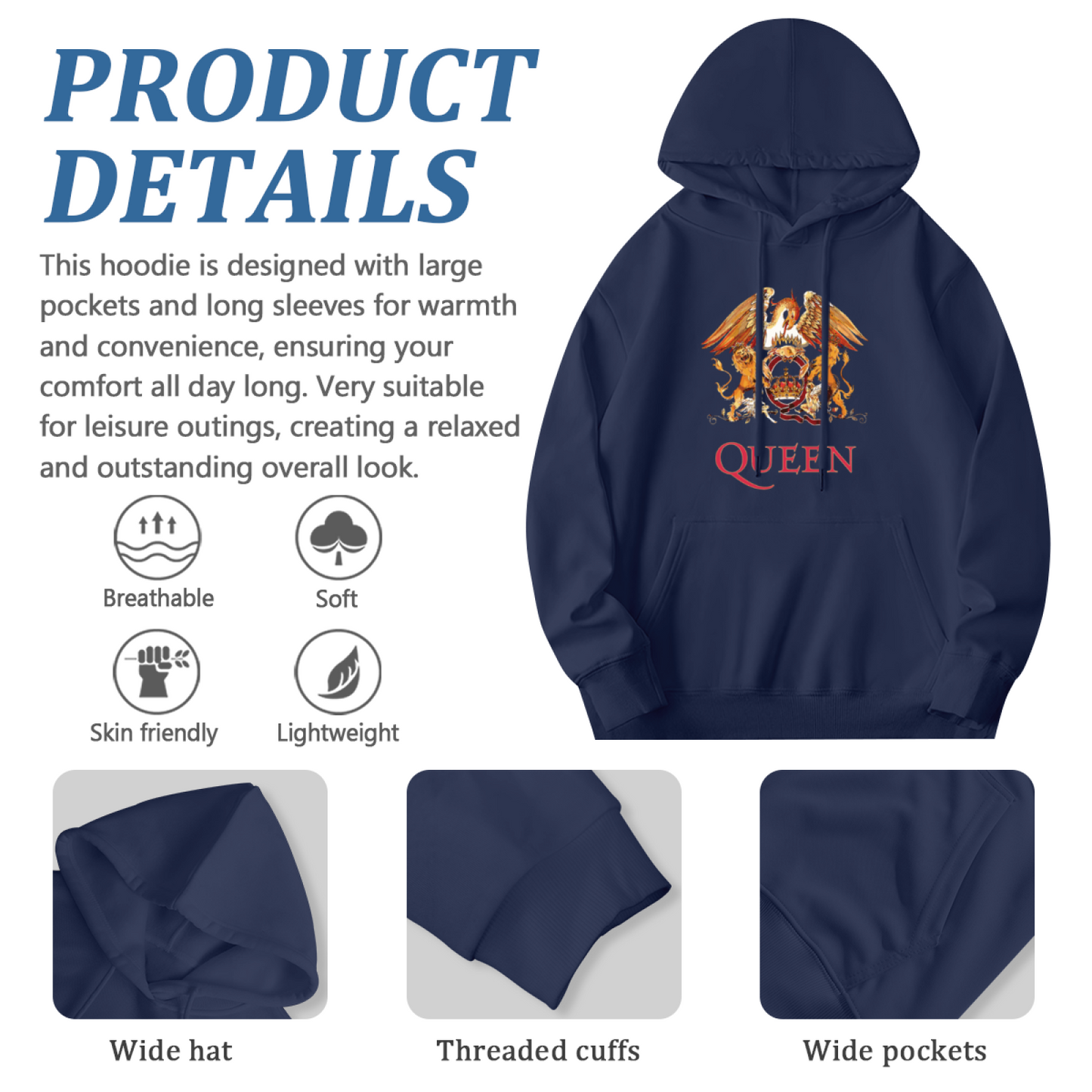 Queen Band Classic Crest Graphic Hoodie, Rock Fan Cozy Navy Pullover