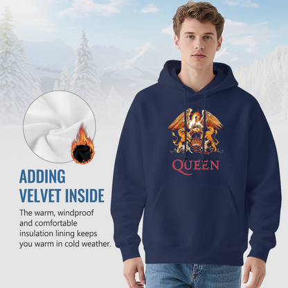 Queen Band Classic Crest Graphic Hoodie, Rock Fan Cozy Navy Pullover