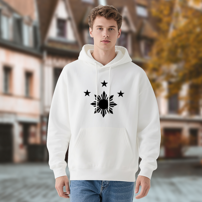 Philippine Sun Three Stars Graphic White Hoodie, Men Casual Soft Comfort Pullover