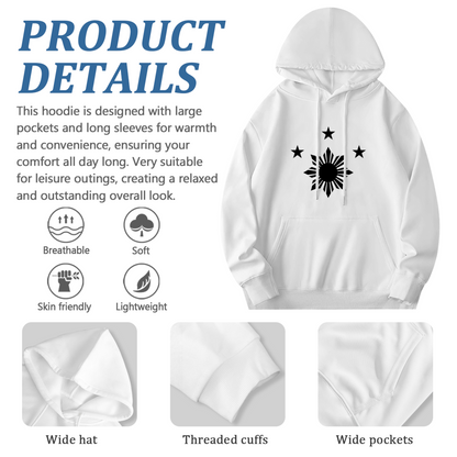 Philippine Sun Three Stars Graphic White Hoodie, Men Casual Soft Comfort Pullover
