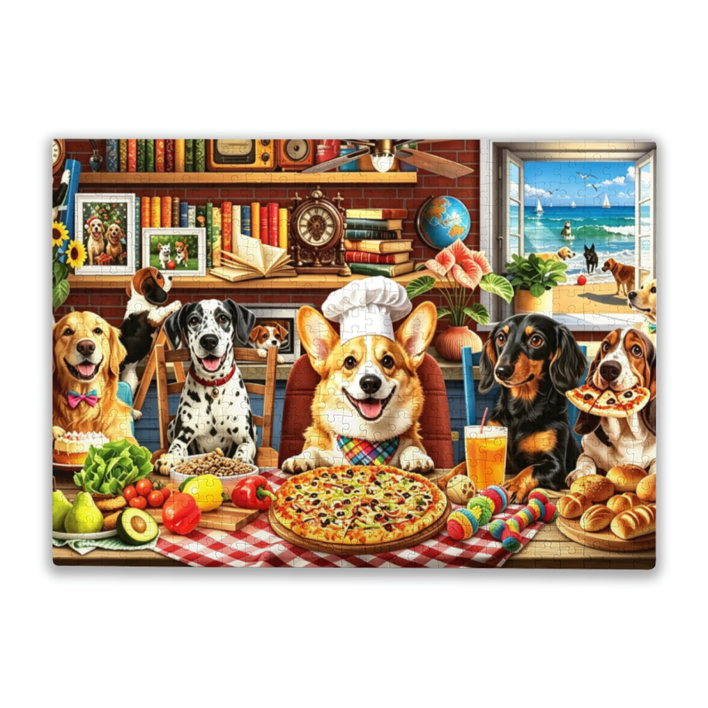 Corgi Chef & All Cute Dogs Kitchen Feast Jigsaw Puzzle | Pet Dog Pizza Food Cartoon Puzzle 300/500/1000pcs