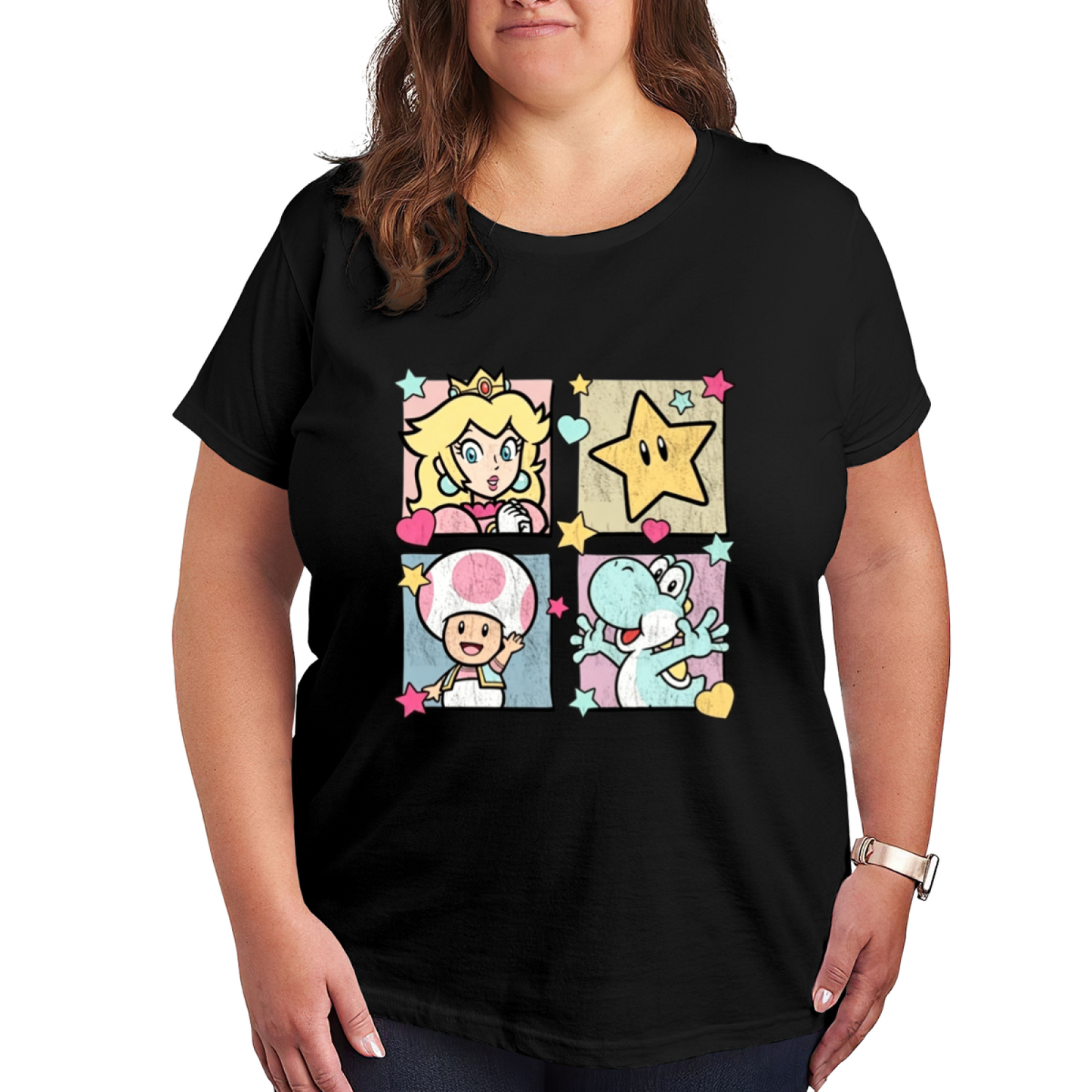 Super Mario Four Grid Cartoon Plus Size Women Tee