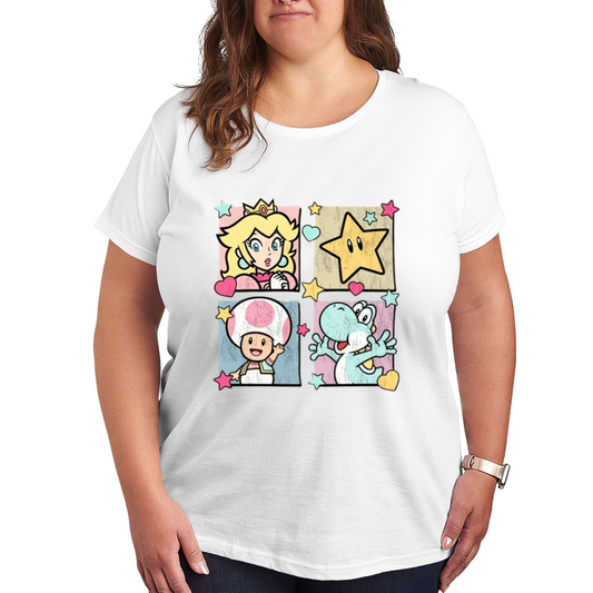 Super Mario Four Grid Cartoon Plus Size Women Tee