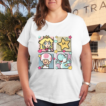 Super Mario Four Grid Cartoon Plus Size Women Tee