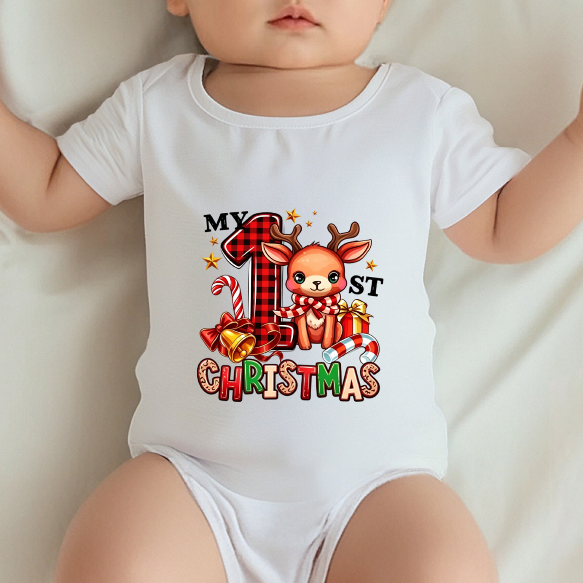 My 1st Christmas Buffalo Plaid Reindeer Cute Xmas Newborn Bodysuit
