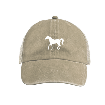 White Horse Silhouette Maroon Washed Mesh Trucker Hat, Equestrian Retro Distressed Mesh Cap
