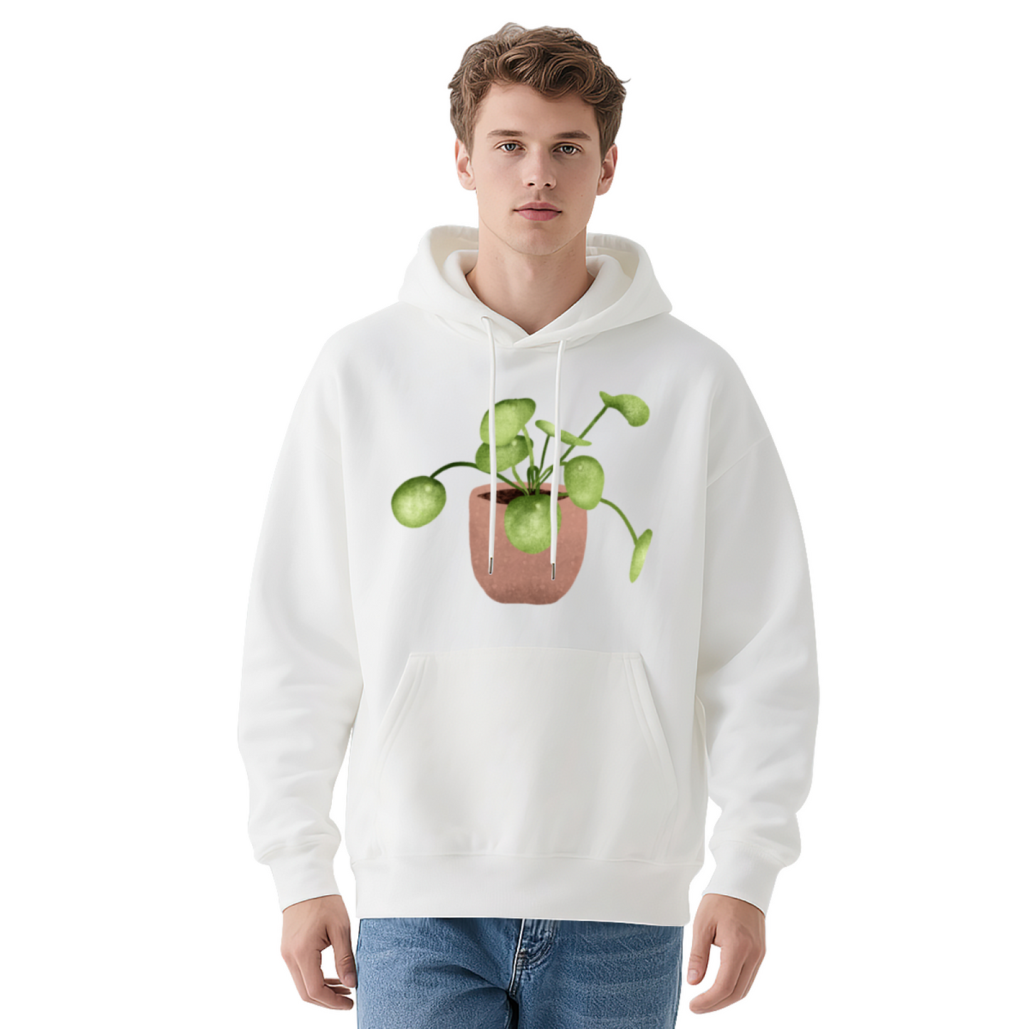 Watercolor Pilea Peperomioides Plant Parent Hoodie, Soft Botanical Sweatshirt