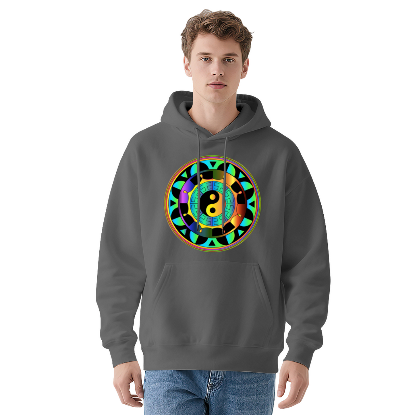 Rainbow Yin Yang Mandala Print Black Hoodie, Spiritual Soft Comfort Hooded Top