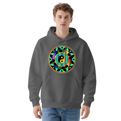 Rainbow Yin Yang Mandala Print Black Hoodie, Spiritual Soft Comfort Hooded Top