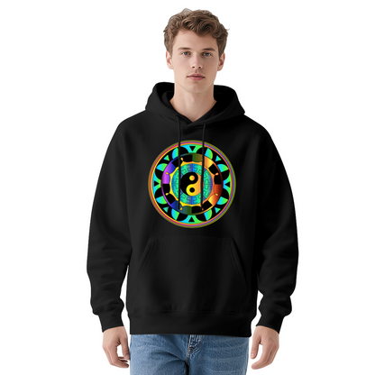 Rainbow Yin Yang Mandala Print Black Hoodie, Spiritual Soft Comfort Hooded Top
