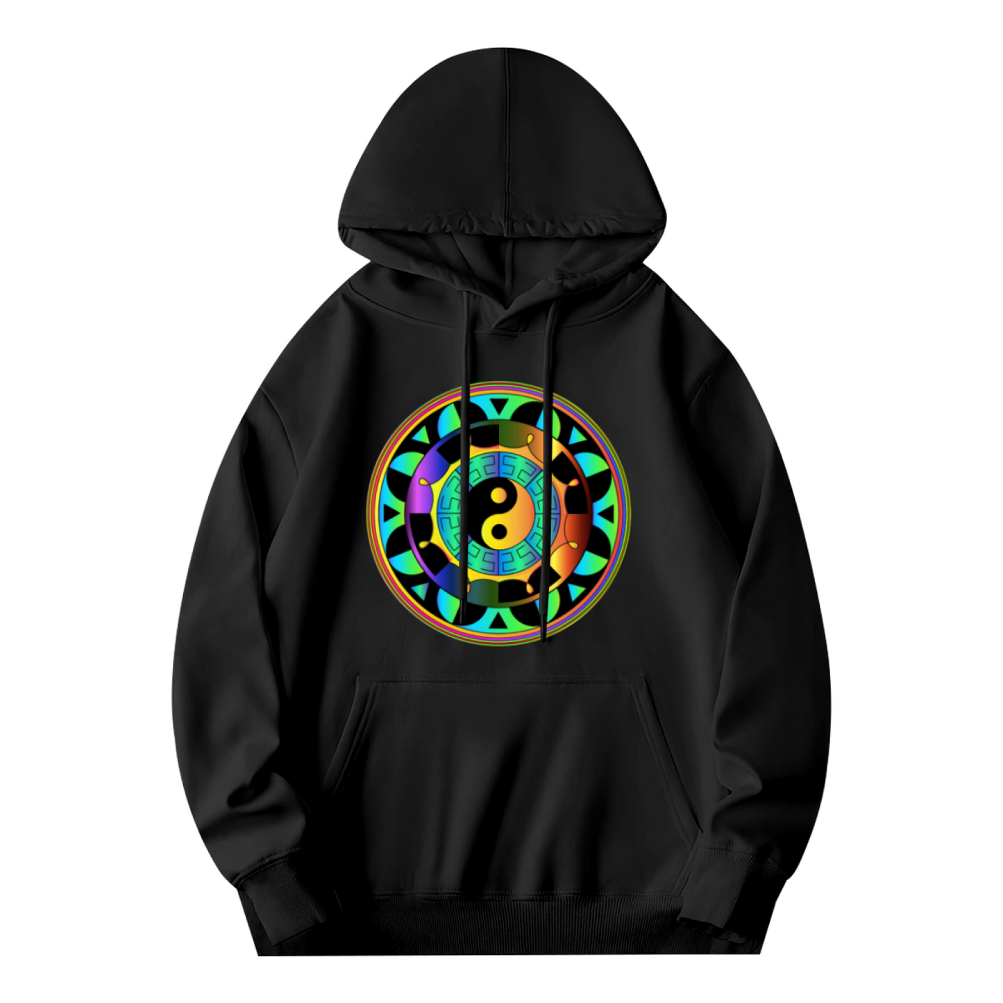 Rainbow Yin Yang Mandala Print Black Hoodie, Spiritual Soft Comfort Hooded Top