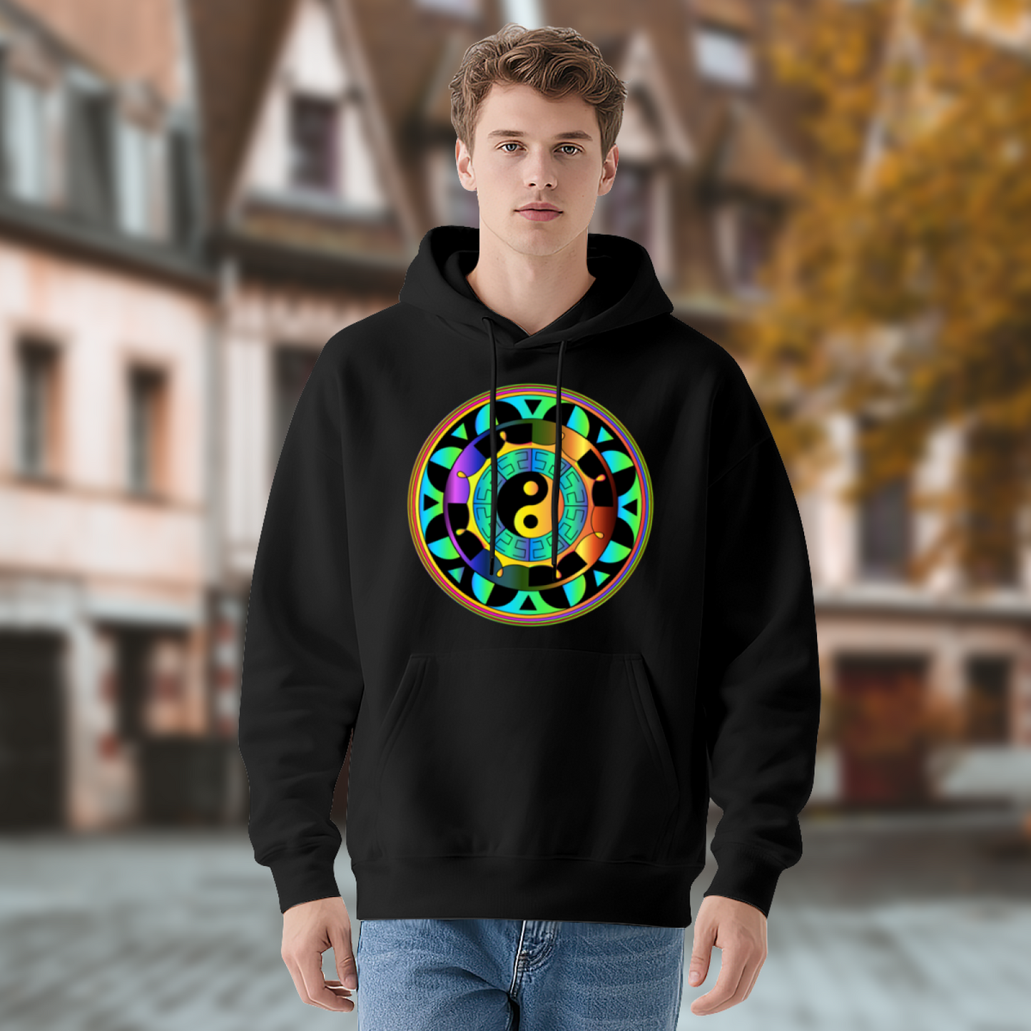 Rainbow Yin Yang Mandala Print Black Hoodie, Spiritual Soft Comfort Hooded Top