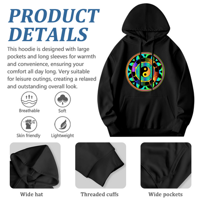 Rainbow Yin Yang Mandala Print Black Hoodie, Spiritual Soft Comfort Hooded Top