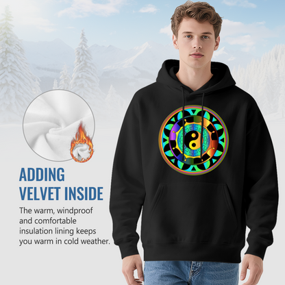 Rainbow Yin Yang Mandala Print Black Hoodie, Spiritual Soft Comfort Hooded Top
