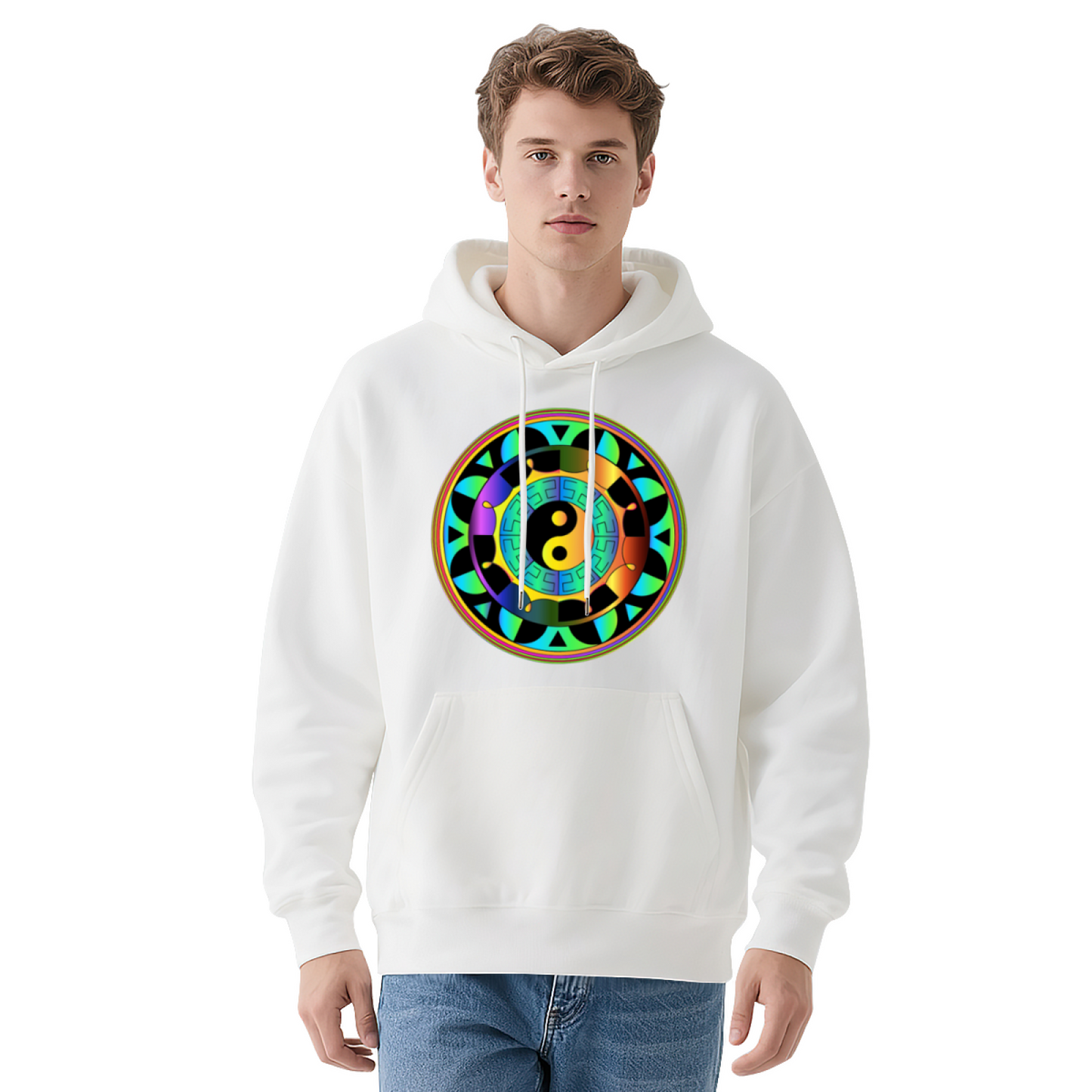 Rainbow Yin Yang Mandala Print Black Hoodie, Spiritual Soft Comfort Hooded Top